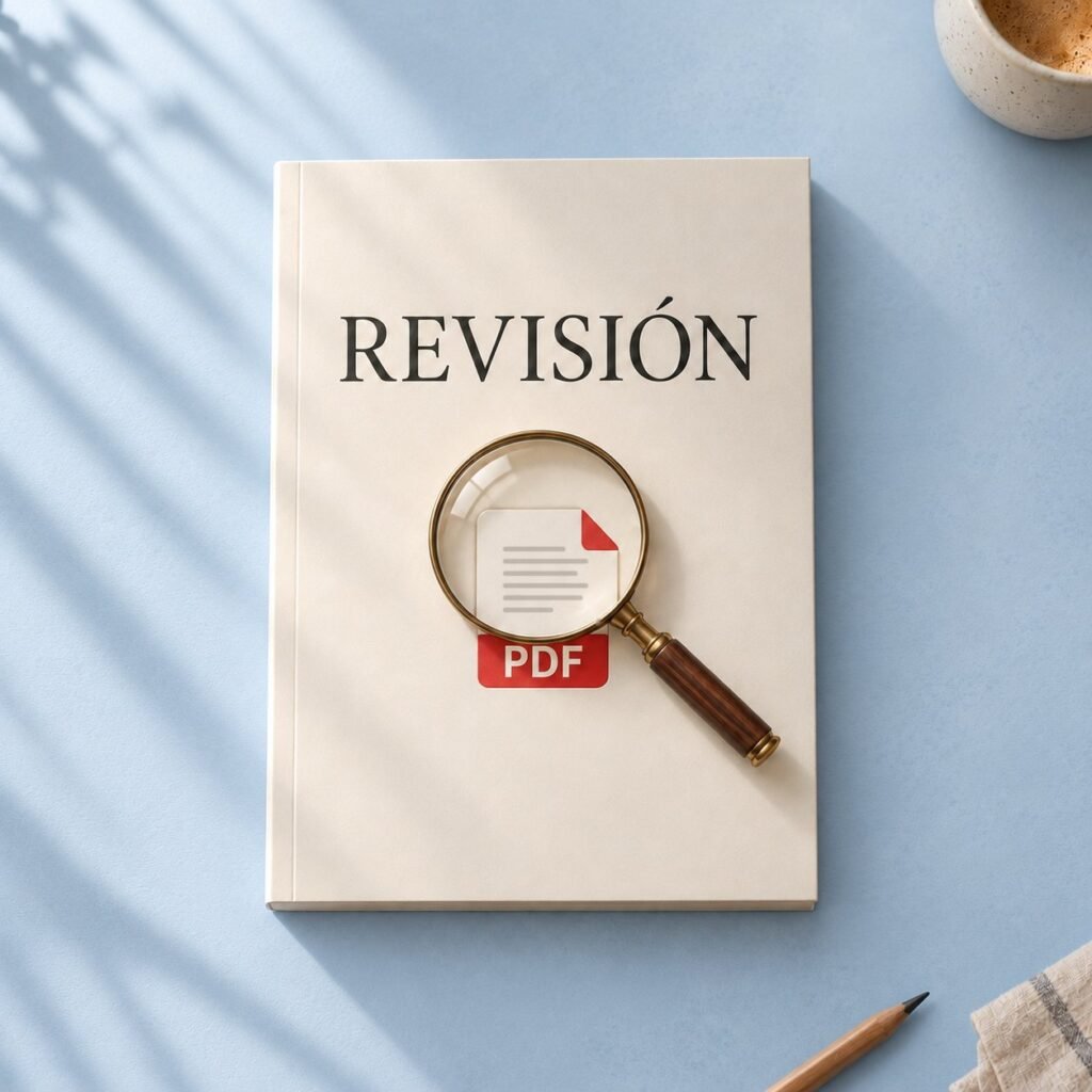 Libro con la palabra Revisión y una lupa sobre un documento PDF