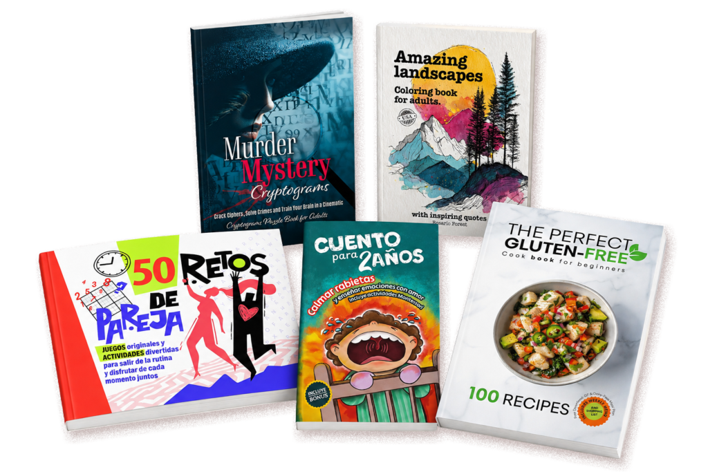 Cinco libros maquetados por María Francia Domínguez: Murder Mystery Cryptograms, Amazing Landscapes, 50 retos de pareja, Cuento para 2 años y The Perfect Gluten-Free Cookbook