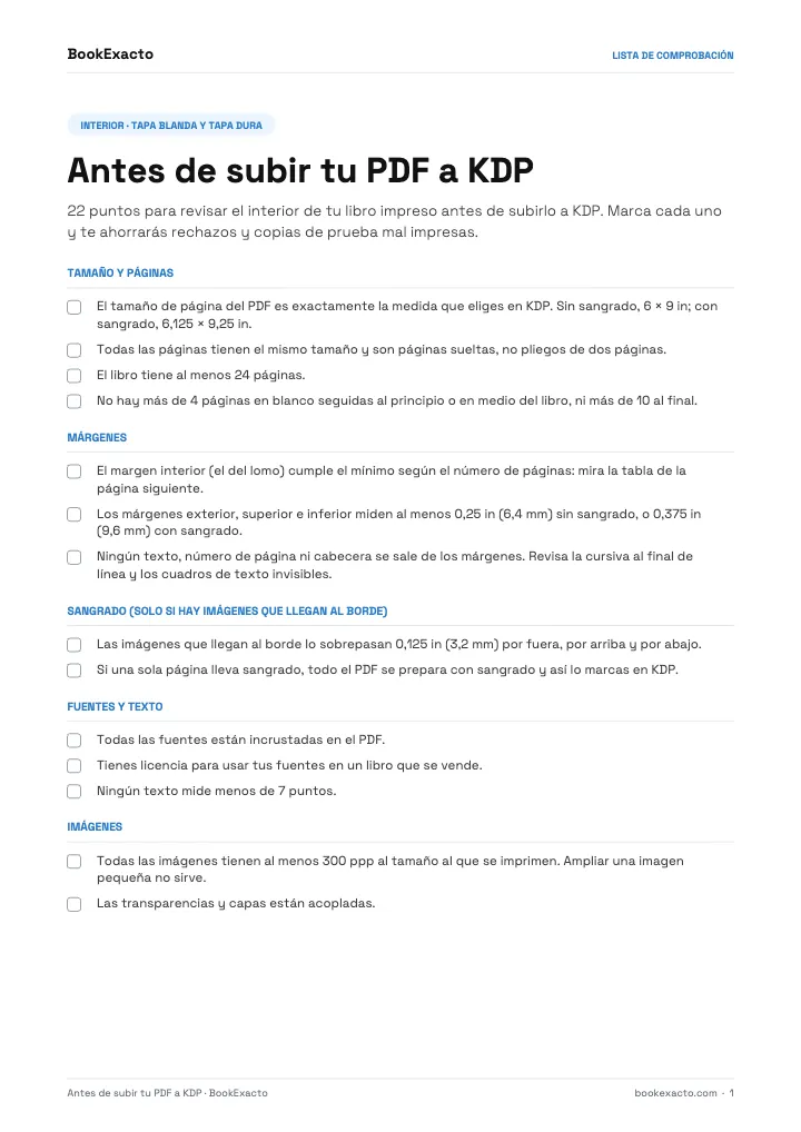 Lista de comprobación Antes de subir tu PDF a KDP
